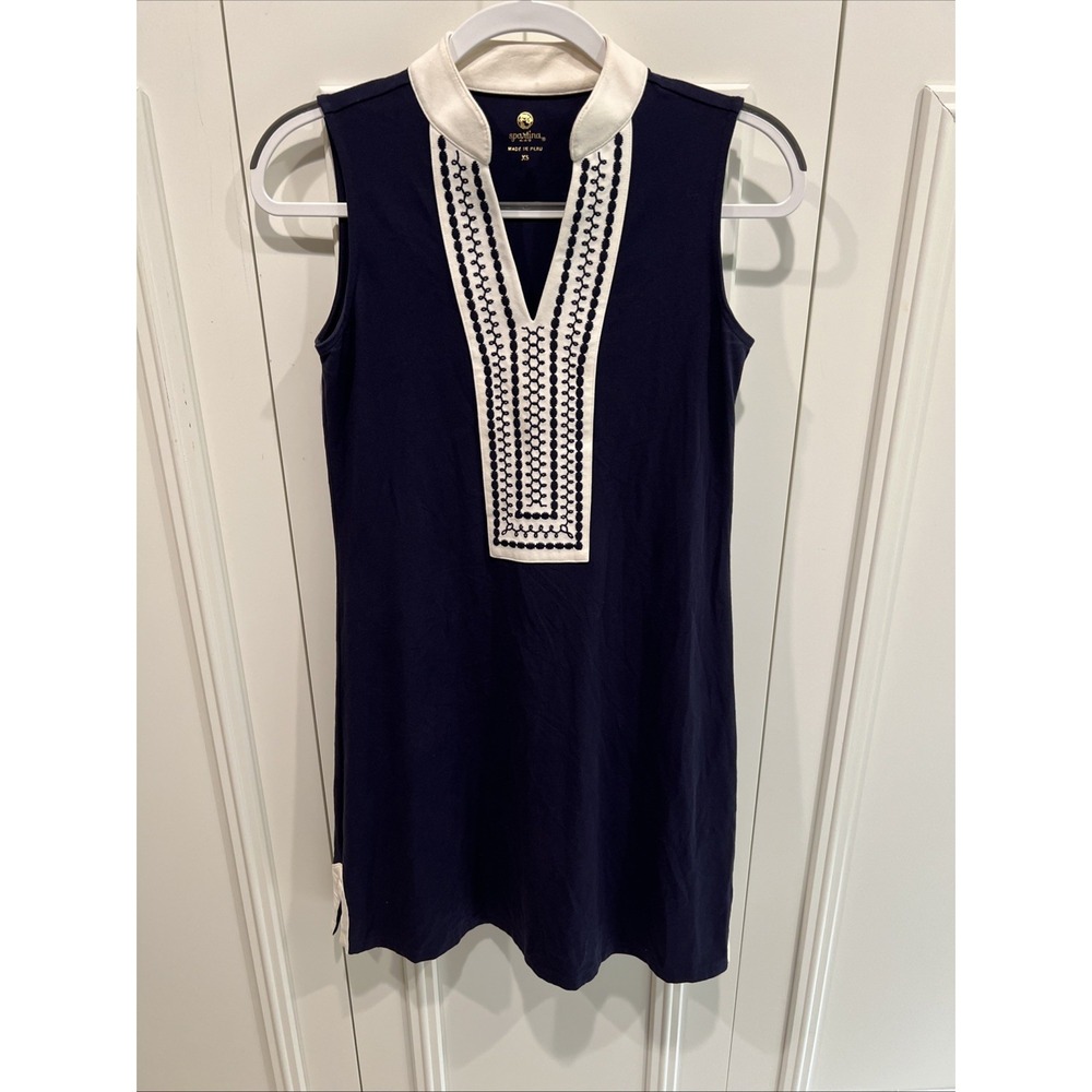 Spartina 449 Navy Blue & White Embroidered Dress Nautical Resort Preppy